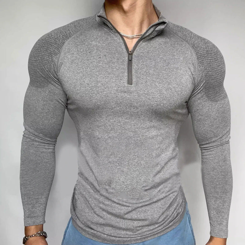 American seamless jacquard zipper long sleeve training fitness outdoor strong top sports quick drying slim fit T-shirt slim fit