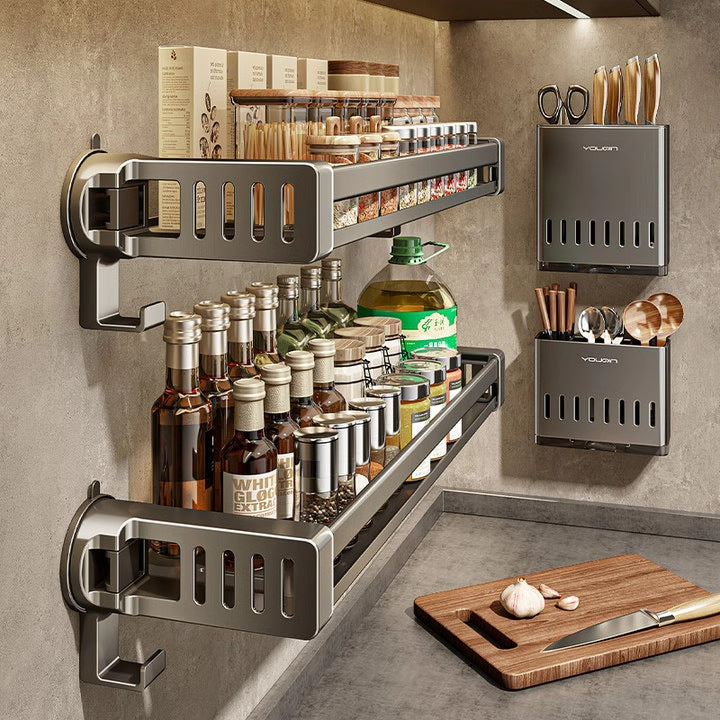 Suction cup, kitchen rack, wall-mounted multi-functional oil, salt, sauce and vinegar, seasoning supplies, knife holder, storage rack