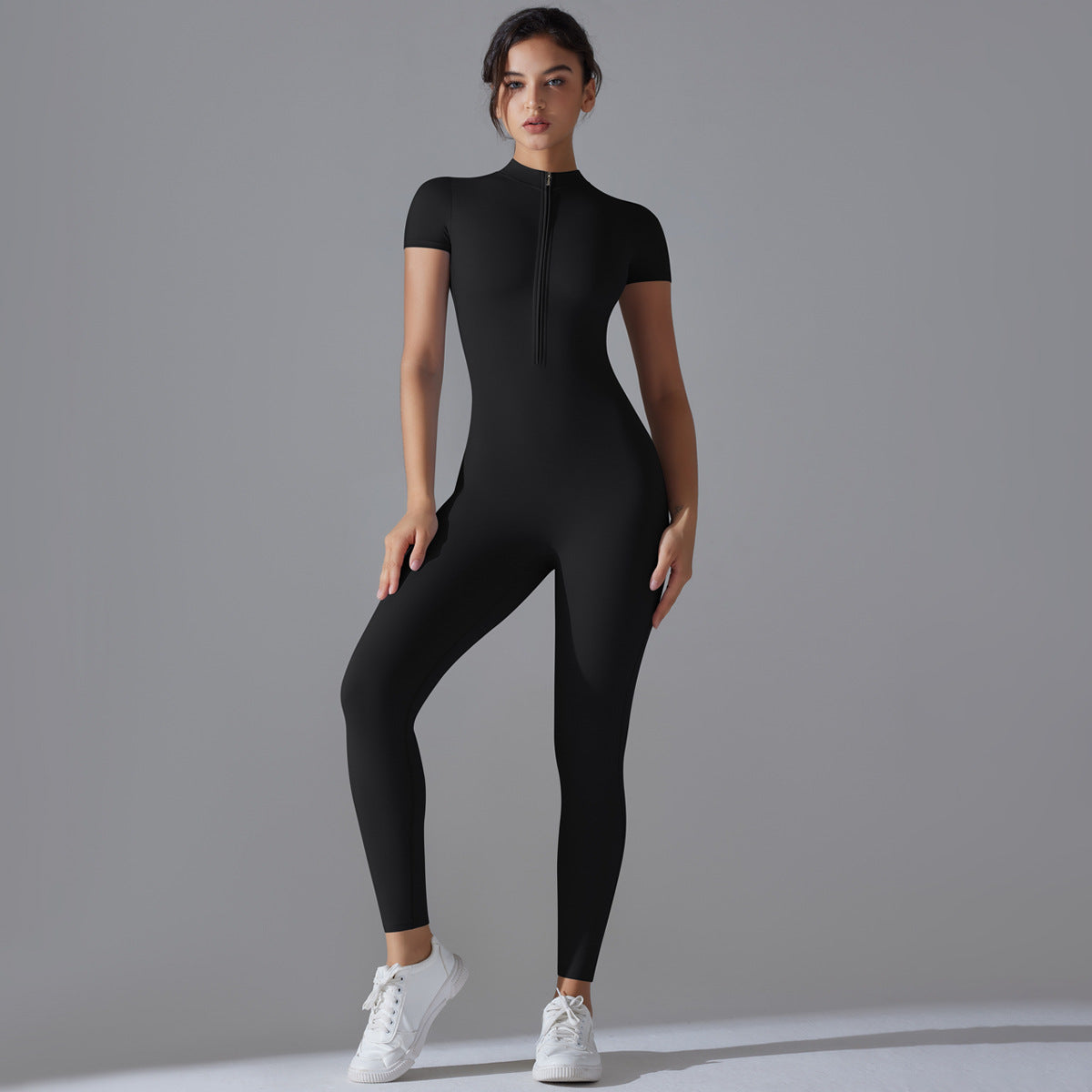 European and American nude zipper short-sleeved yoga clothes onesie quick-drying breathable outdoor sports tight onesie fitness clothes