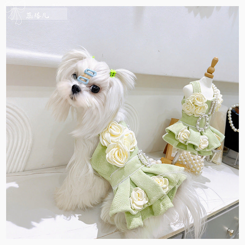 Maltese Yorkshire woolen dress small dog plush princess dress autumn and winter matcha green dress canopy skirt