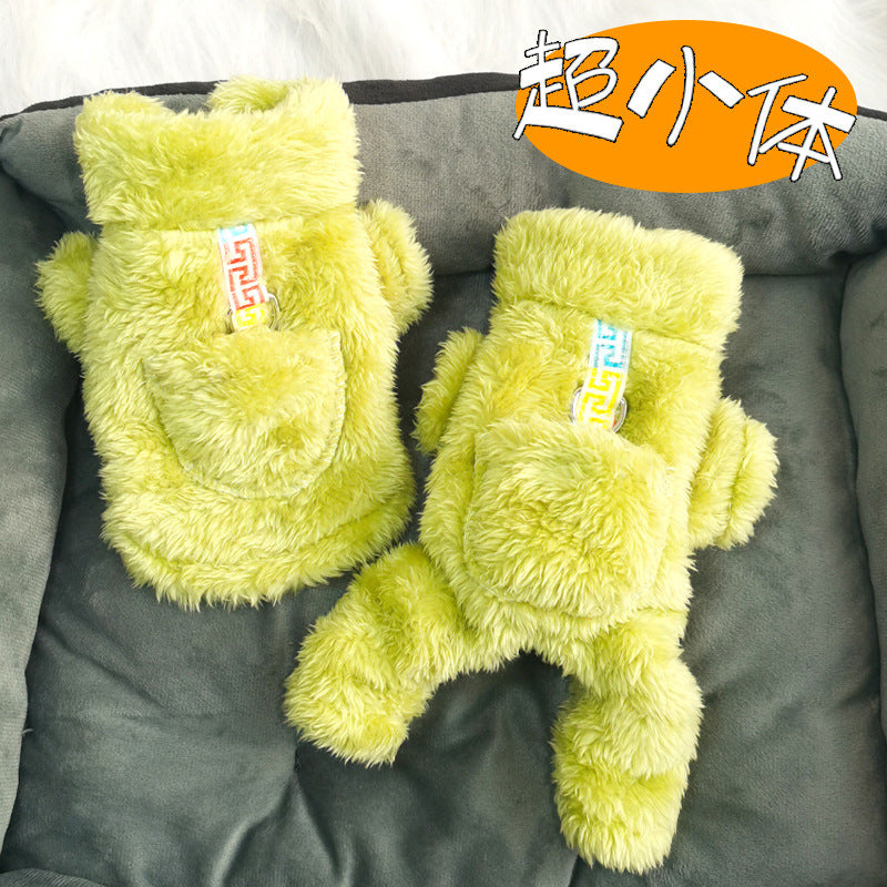 Ultra small dog cat clothes autumn and winter plush four-legged small size puppy teacup dog belt traction thickened warm