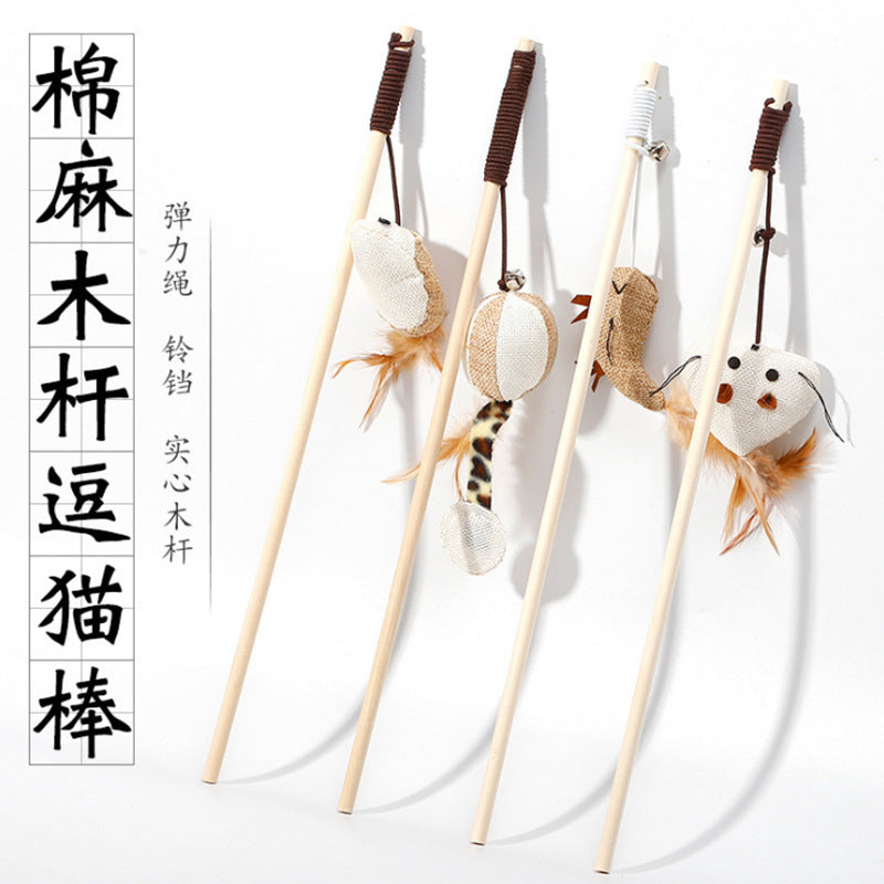 Cat toy wooden pole cat teaser stick linen mouse gray white handheld interactive cat teaser handle wooden handle manufacturer spot batch