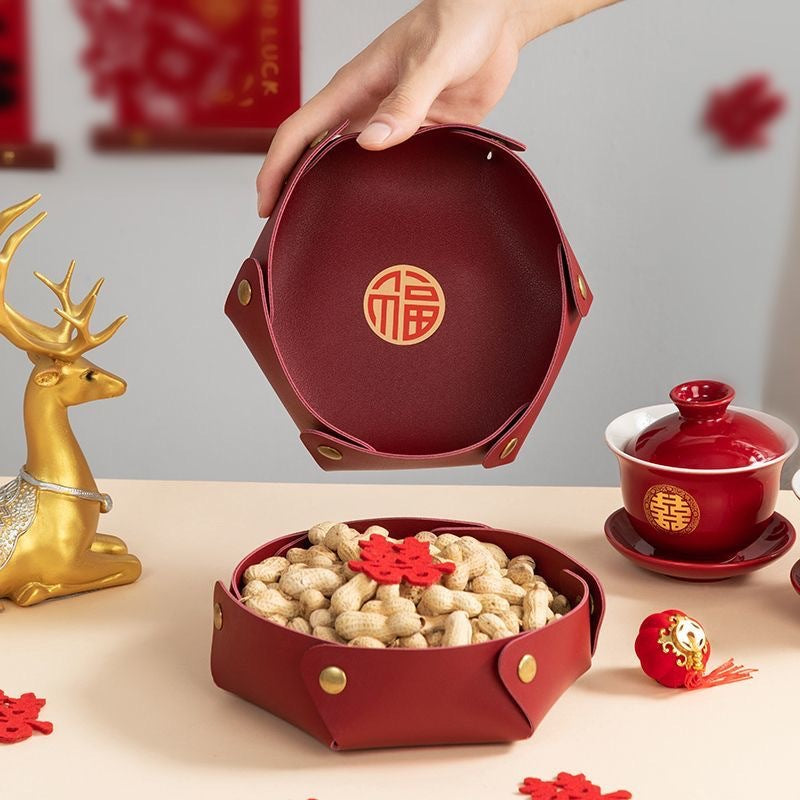 Large-capacity high-end sugar box fruit plate leather desktop storage box foldable wedding housewarming home daily dried fruit plate