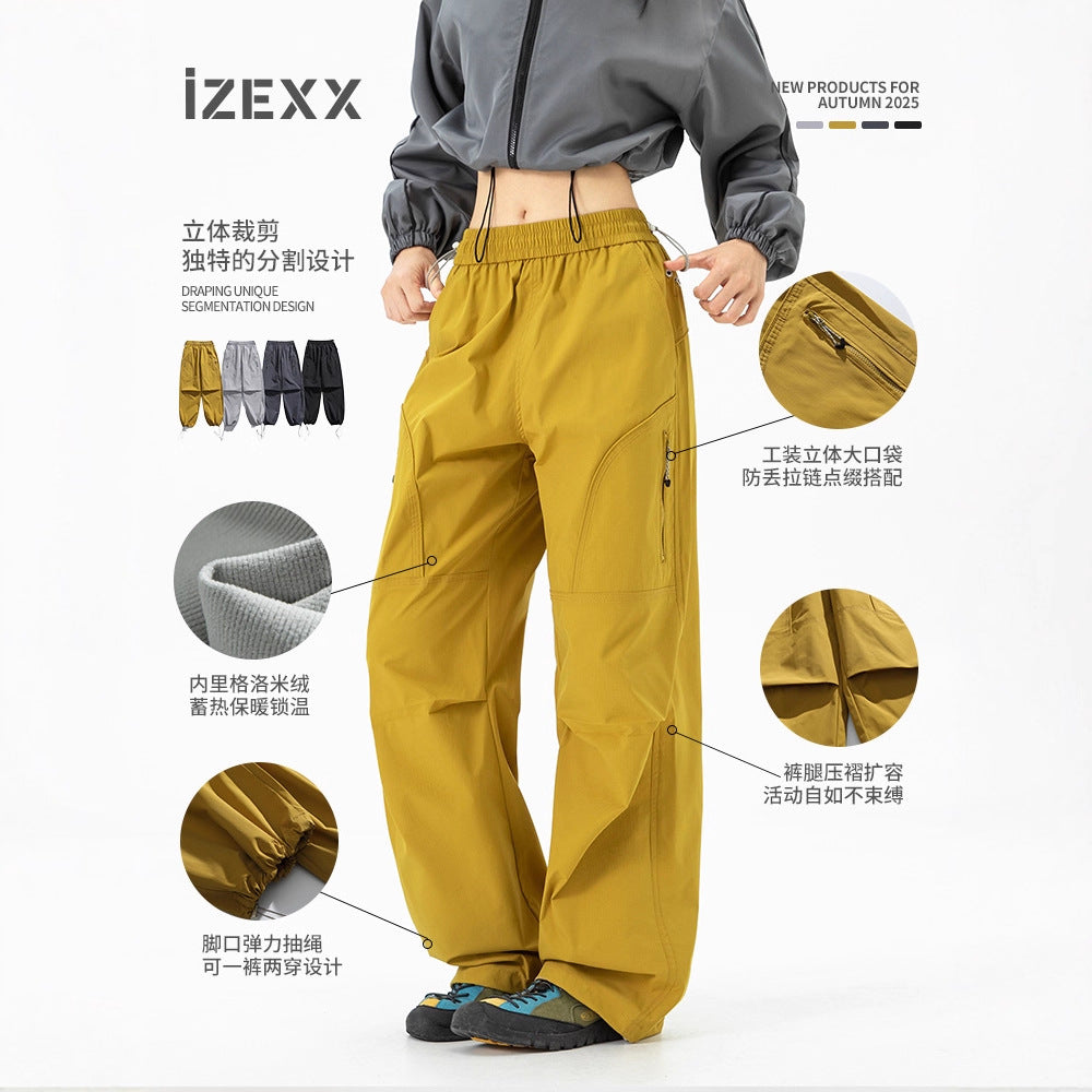 IZEXX tide brand outdoor mountaineering three-proof water-splashing quick-drying sports fleece charge pants men's and women's functional wind overalls