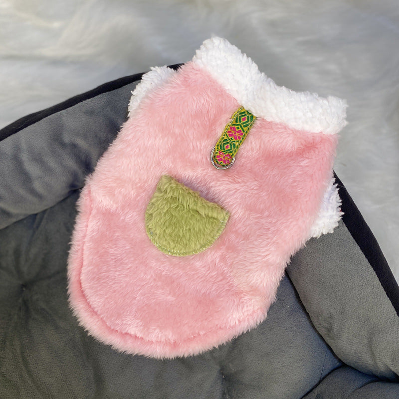 Ultra small dog cat clothes autumn and winter plush four-legged small size puppy teacup dog belt traction thickened warm