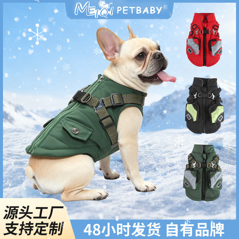 Cross-border popular pet autumn and winter clothes windproof and cold-proof puppy jacket integrated chest and back can pull dog cotton-padded clothes