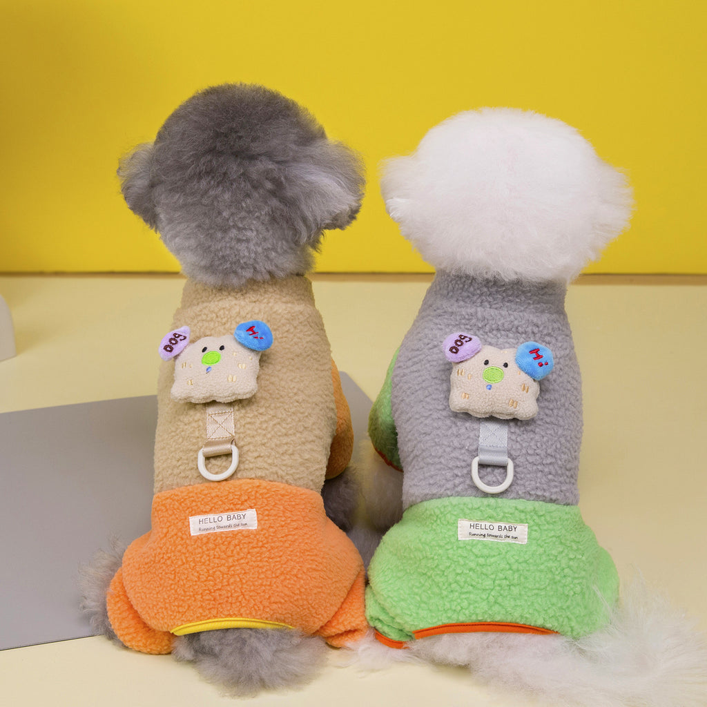 Cute dog clothes autumn and winter new fleece thickened lamb fleece cartoon puppy clothing warm contrasting four-legged clothes