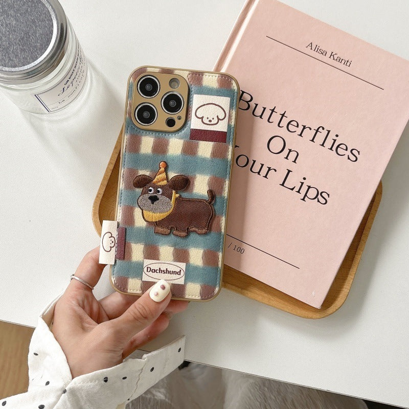 Retro cartoon contrasting color dachshund for iphone16Promax iPhone 15 case 14 leather 13 female 12