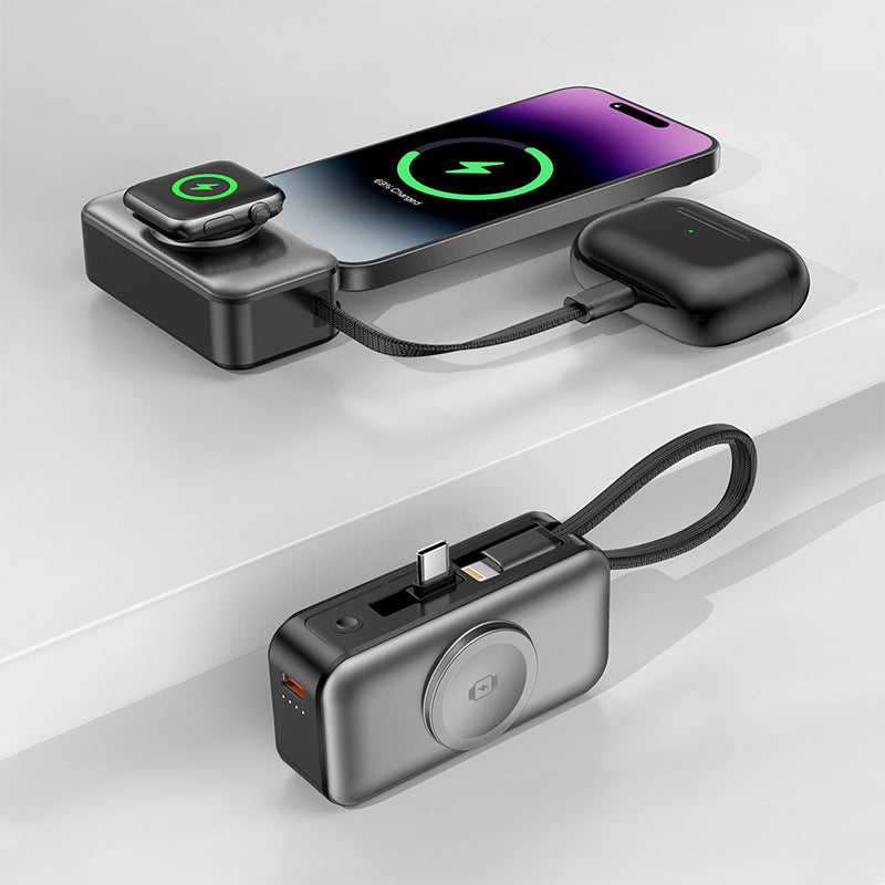 New fast charging three-in-one magnetic wireless charging mobile power supply, support watch earphones, mobile phone multi-function power bank