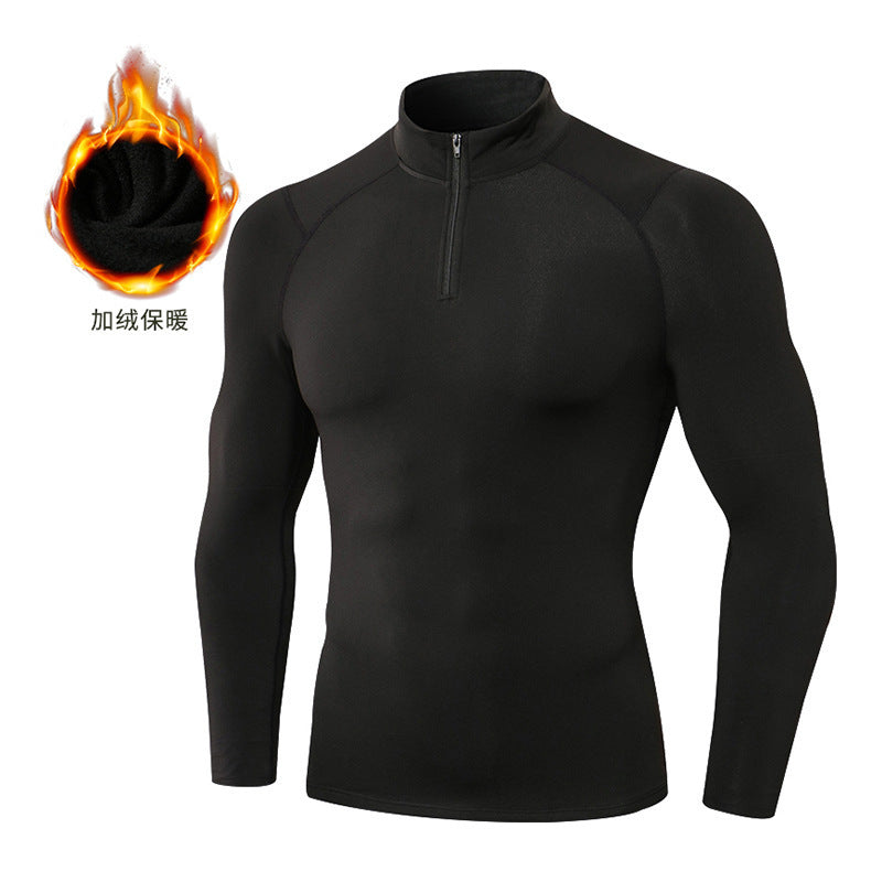 Cross-border autumn and winter solid color velvet gym clothes high elastic tight stand-up collar half zipper men's T-shirt outdoor running sportswear