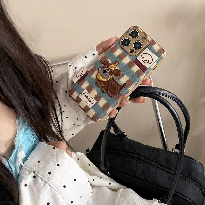 Retro cartoon contrasting color dachshund for iphone16Promax iPhone 15 case 14 leather 13 female 12