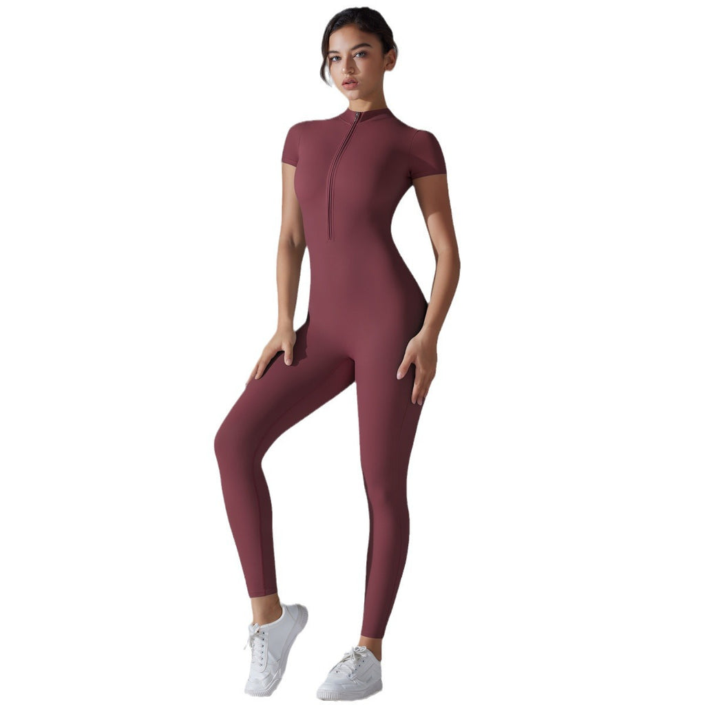 European and American nude zipper short-sleeved yoga clothes onesie quick-drying breathable outdoor sports tight onesie fitness clothes