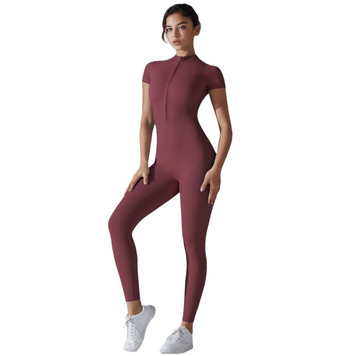 European and American nude zipper short-sleeved yoga clothes onesie quick-drying breathable outdoor sports tight onesie fitness clothes