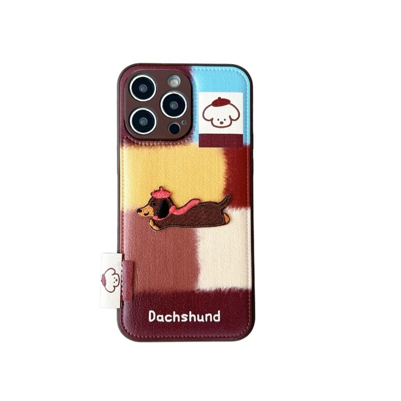 Retro cartoon contrasting color dachshund for iphone16Promax iPhone 15 case 14 leather 13 female 12