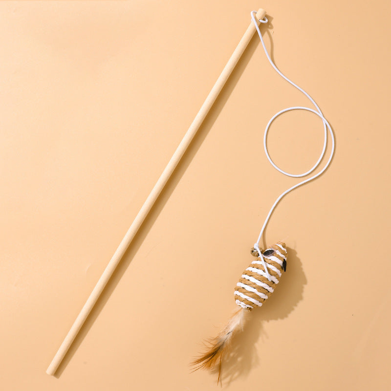 Cat toy wooden pole cat teaser stick linen mouse gray white handheld interactive cat teaser handle wooden handle manufacturer spot batch