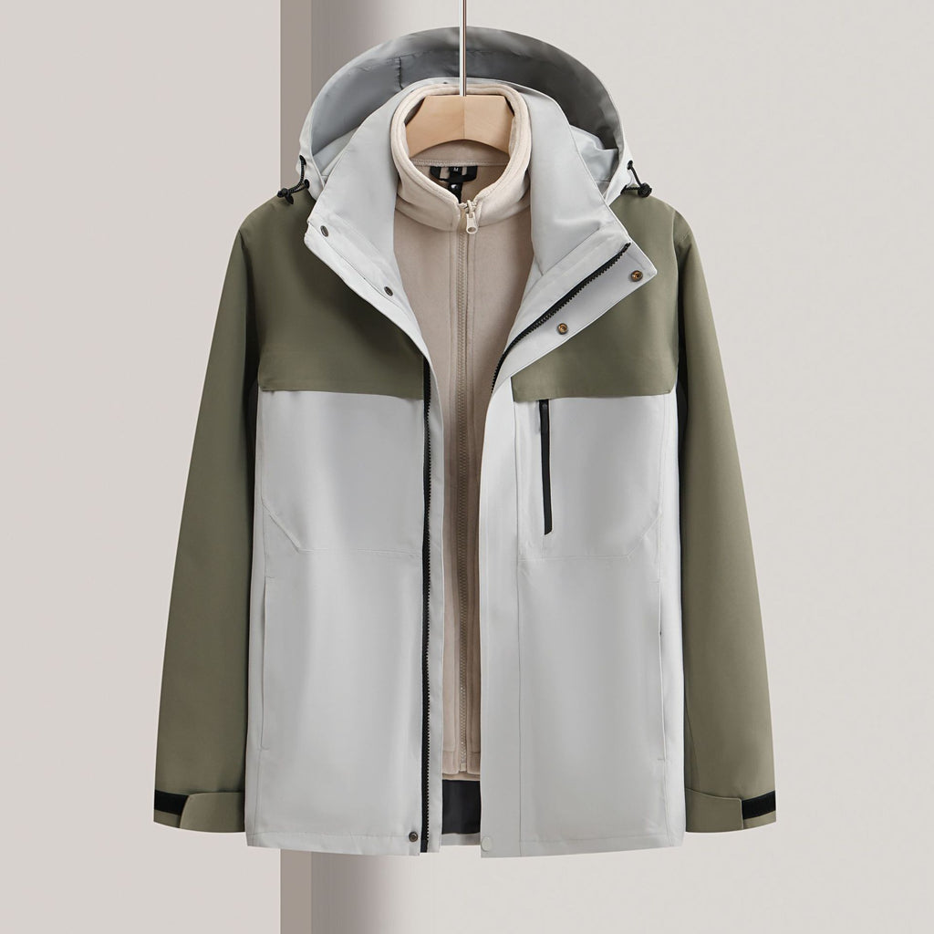 Waterproof windbreaker jacket men's hooded hard shell sports jacket national standard tooling outdoor three-in-one jacket customization