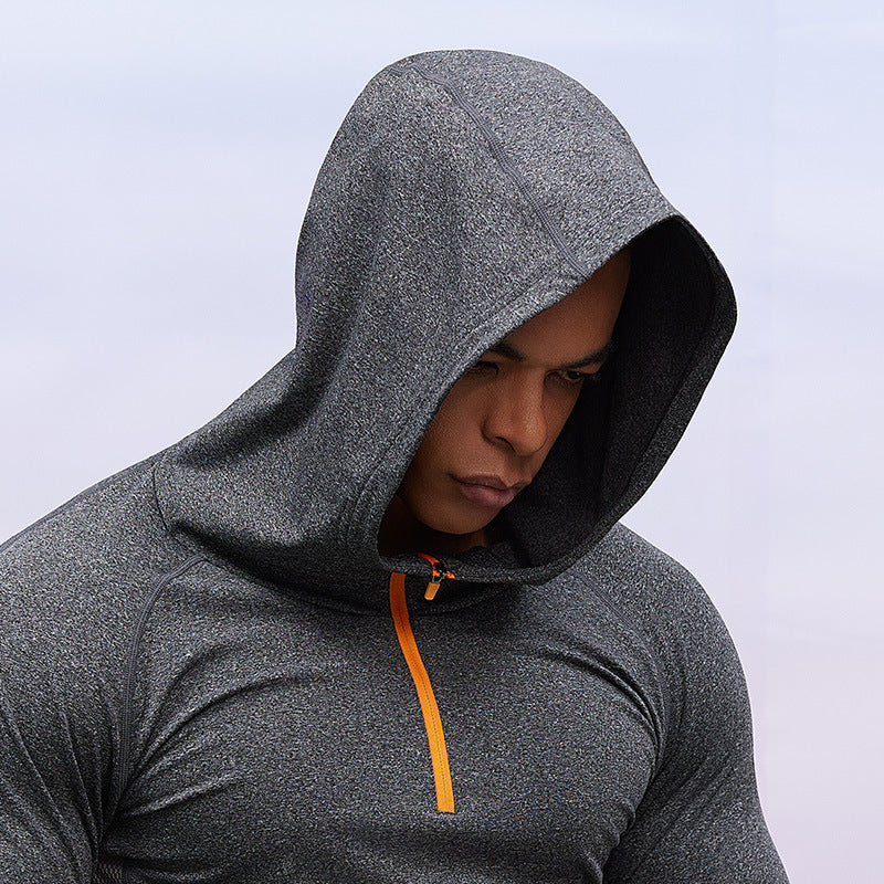 Men's fleece sports sweater autumn and winter hooded semi-zipper gym wear outdoor casual tights windproof sportswear