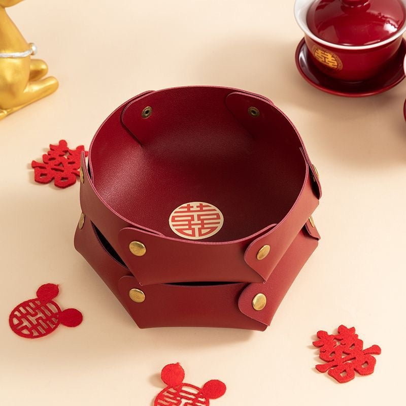 Large-capacity high-end sugar box fruit plate leather desktop storage box foldable wedding housewarming home daily dried fruit plate