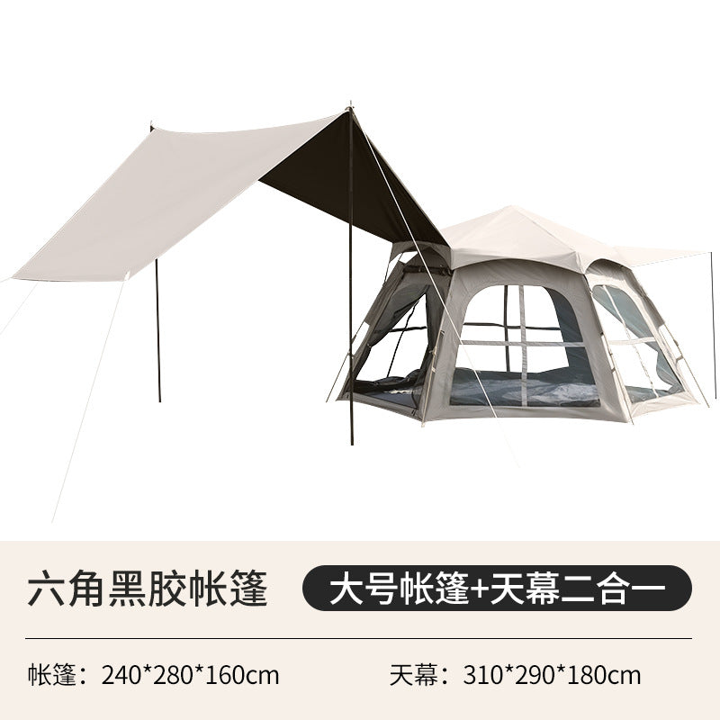 Tent outdoor 3-4 people automatic camping folding canopy 2-in-1 vinyl quick opening hexagonal equipment wholesale